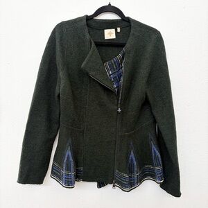 Anthropologie HWR Lelia Peplum Jacket Wool Zip Green Cardigan Women's Size M